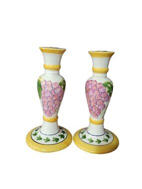 Ganz 2pc Handpainted Ceramic Grape Vine Candle Holders 8in all French Country